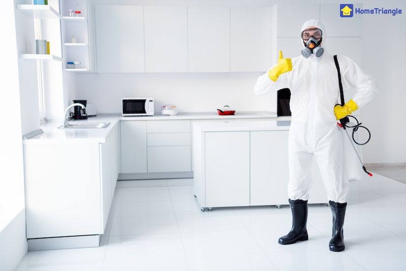 pest control services in kitchen with white cabinets