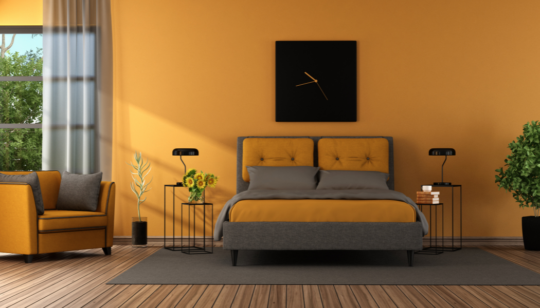 charcoal gray and vibrant orange bedroom