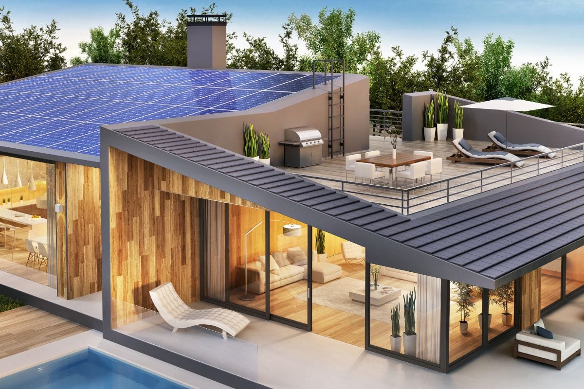 modern single floor house with solar panels