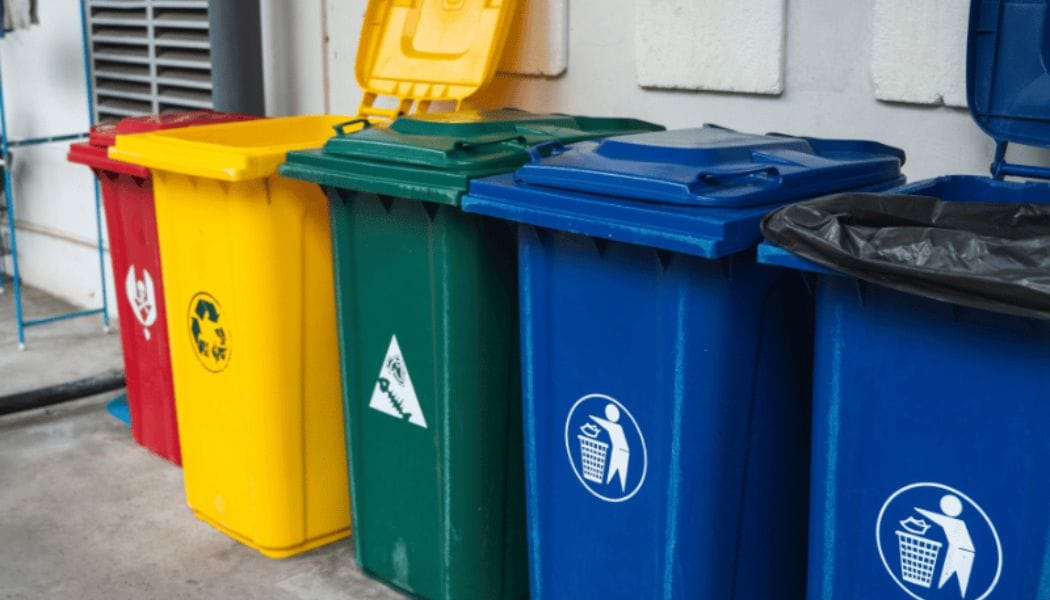Different coloured garbage bins for different kinds of waste