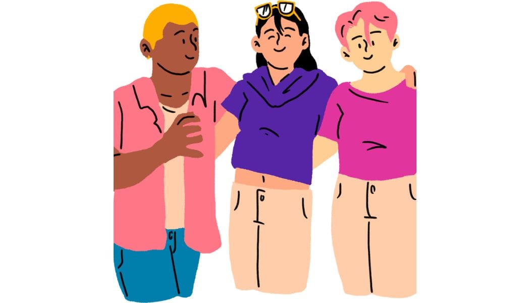 Three people wearing light colored clothes made of cotton