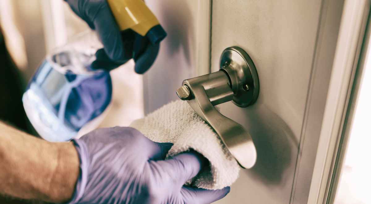 Cleaning professional cleaning a door handle
