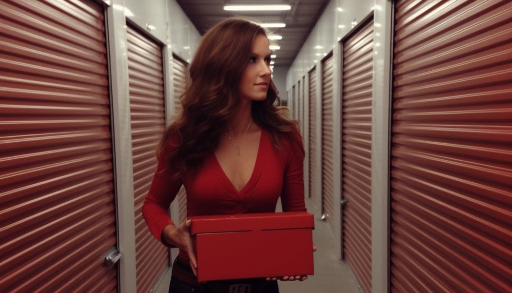 woman with red storage box
