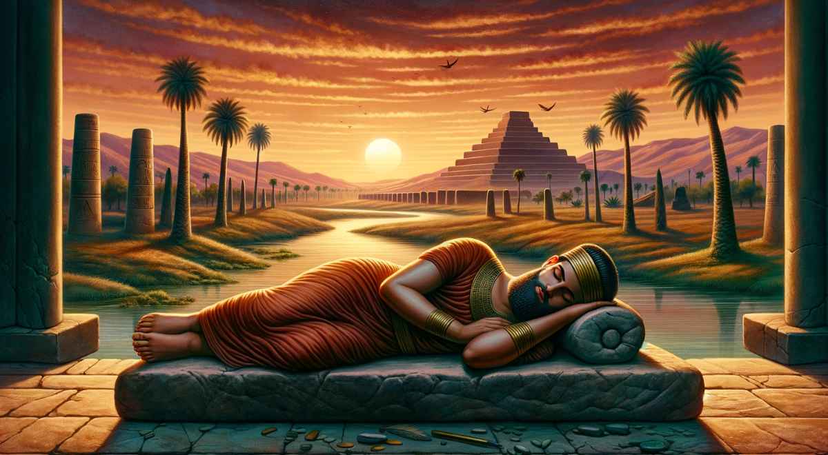 Mesopotamian sleeping on a stone pillow