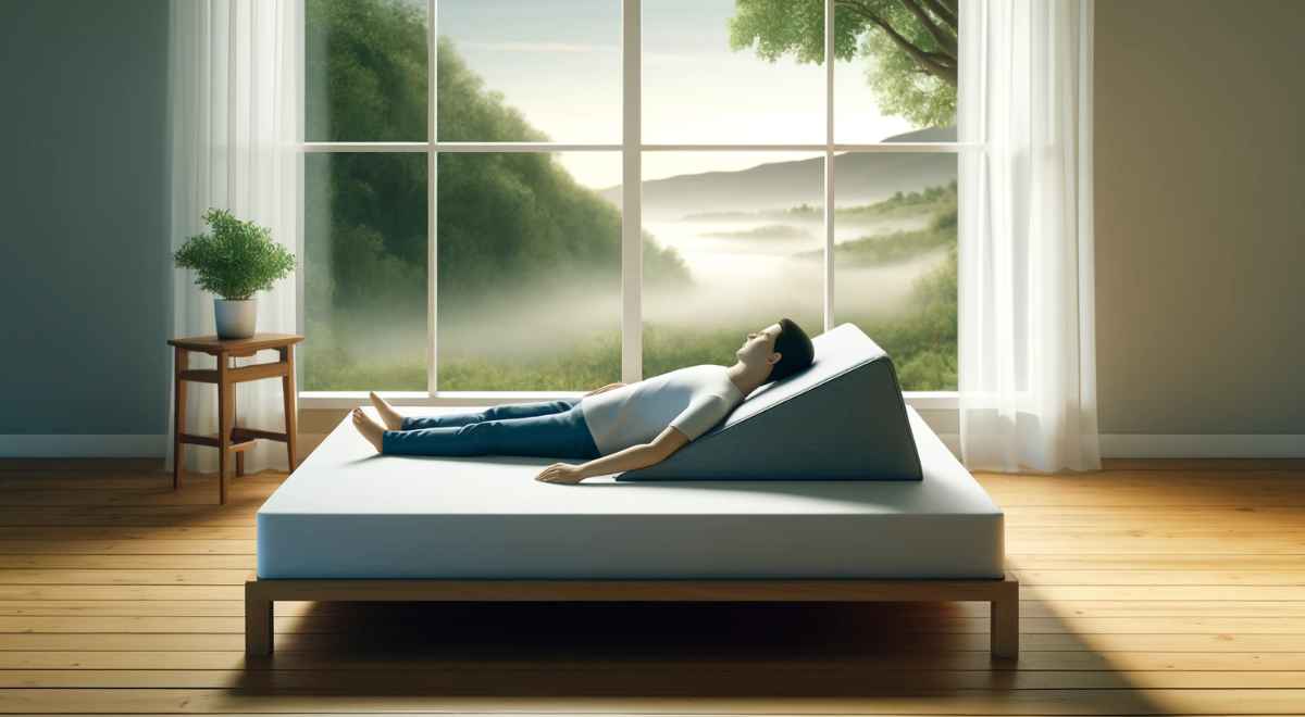 a man sleeping on a wedge pillow