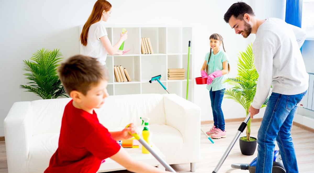 family cleaning together