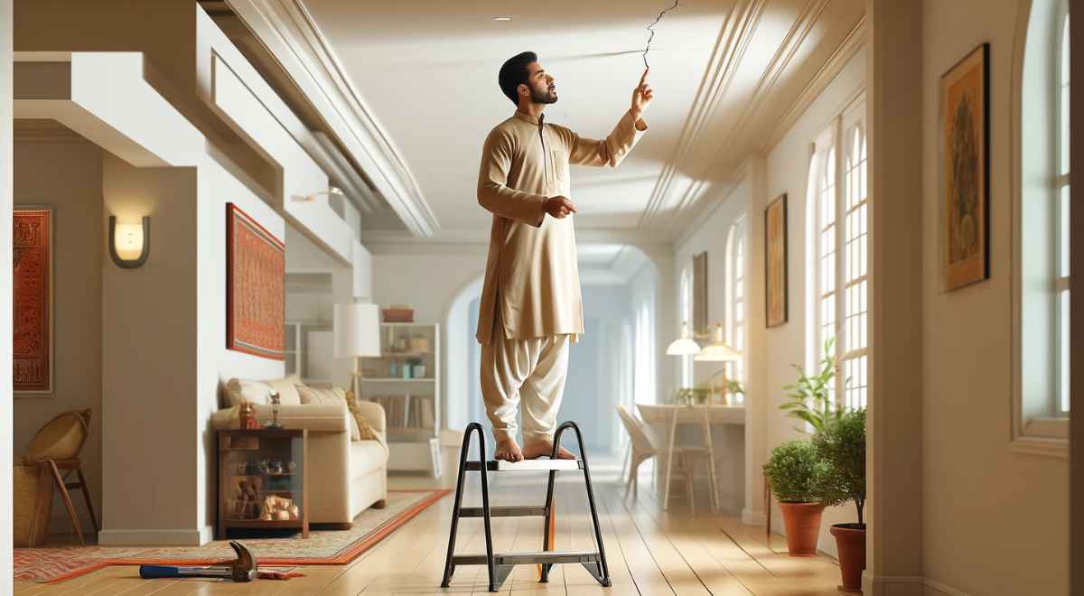 man inspecting his ceiling