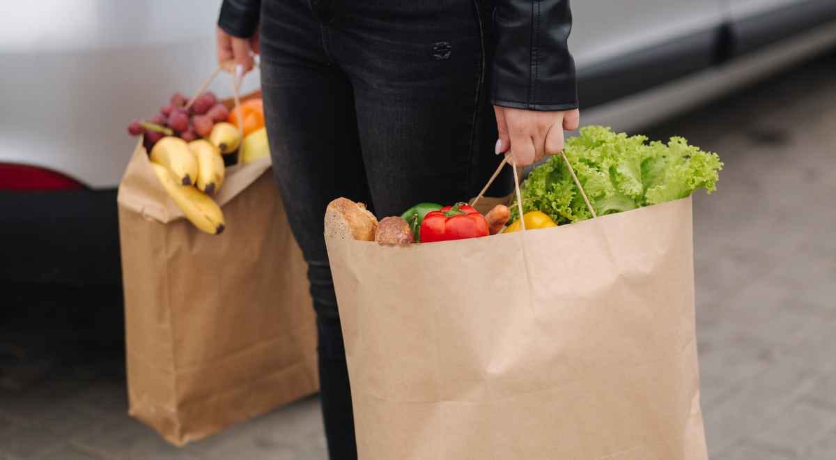 woman carrying two grocery bags