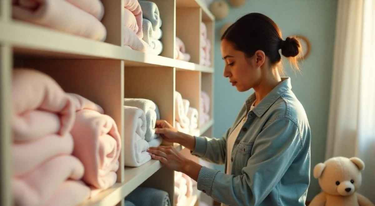 a girl looking at her balnkets in the shelves