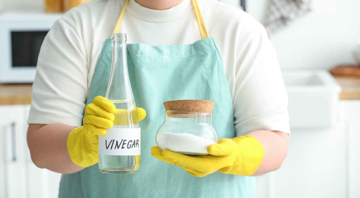 a person holding vinegar and soda