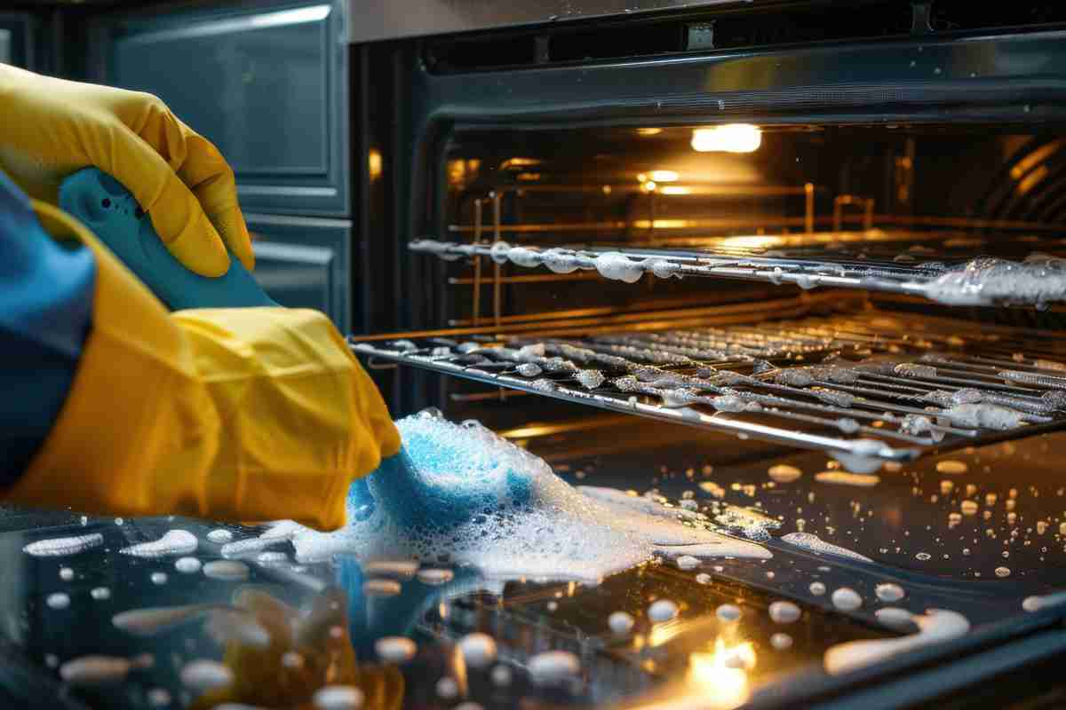 Apply a paste of baking soda to the oven interior and leave overnight