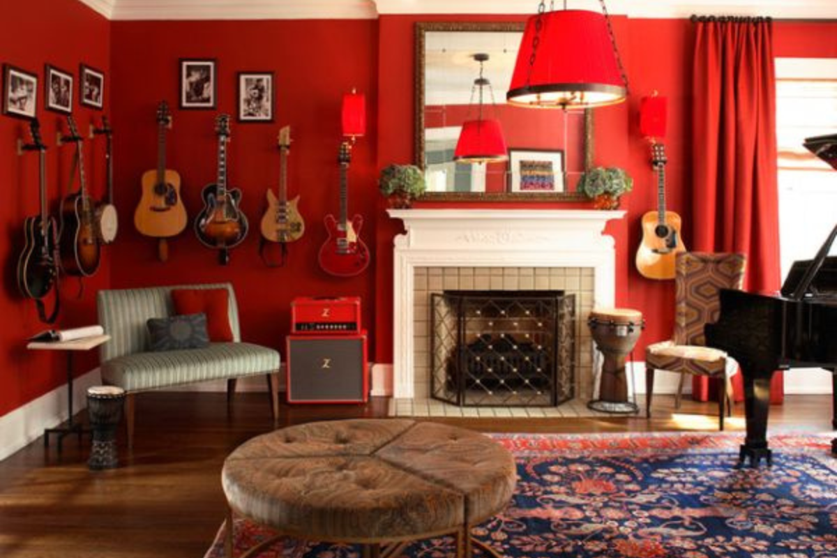 A guitar collection displayed in a music room with a piano