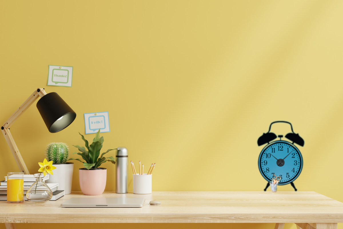 A clock painted over a study desk