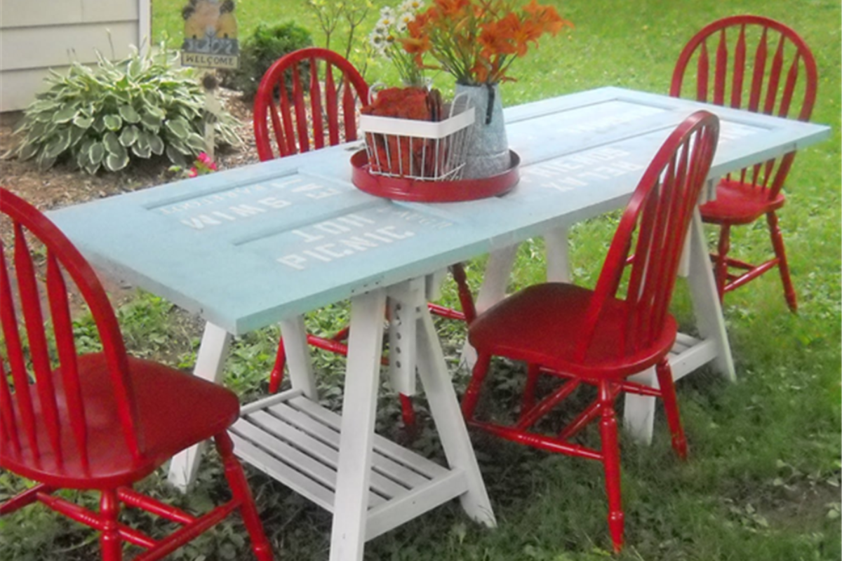 A door is used as a tabletop