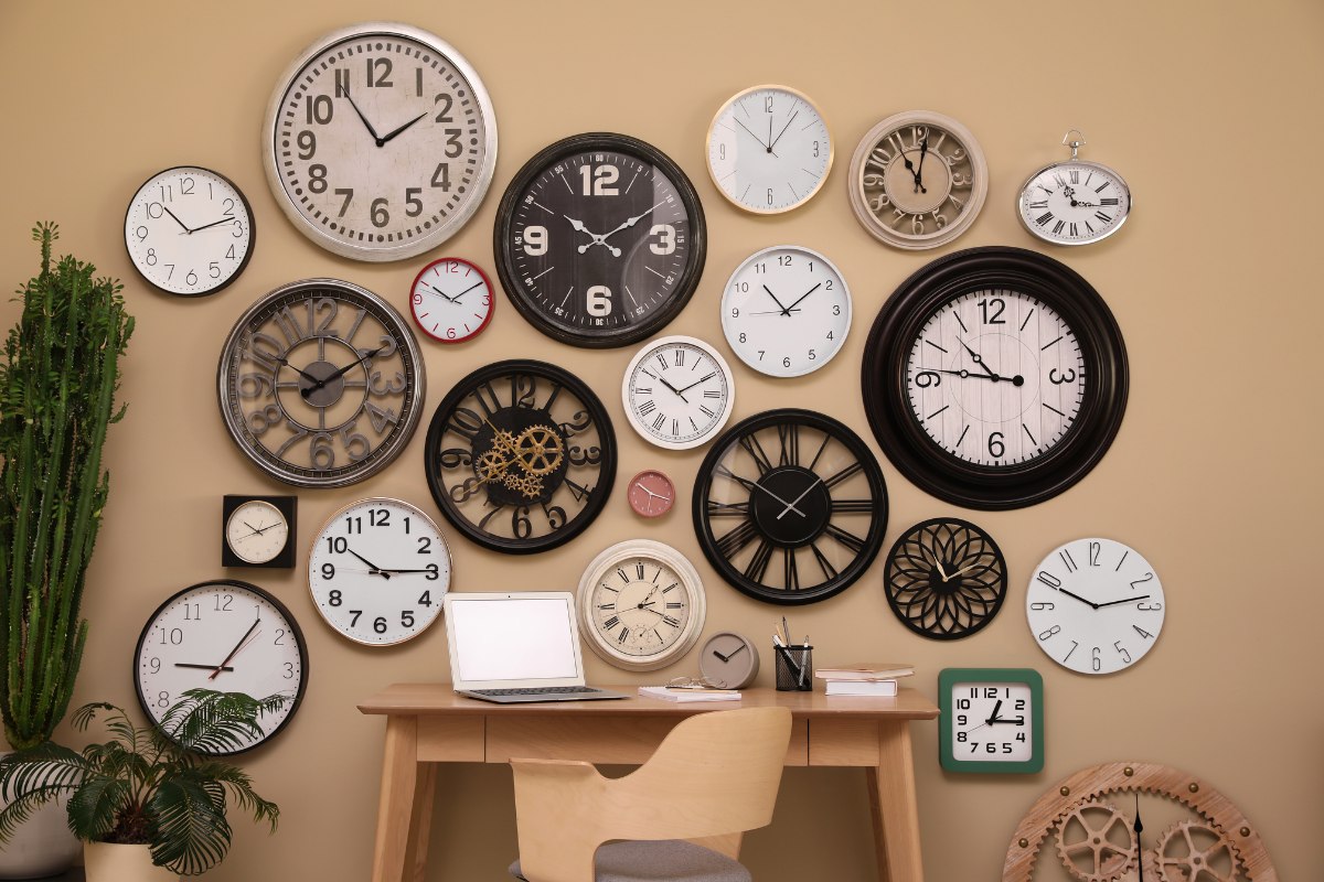 Antique clocks in a rustic living room