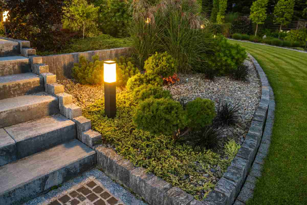 Illuminates stairs and trees in a garden sit out area