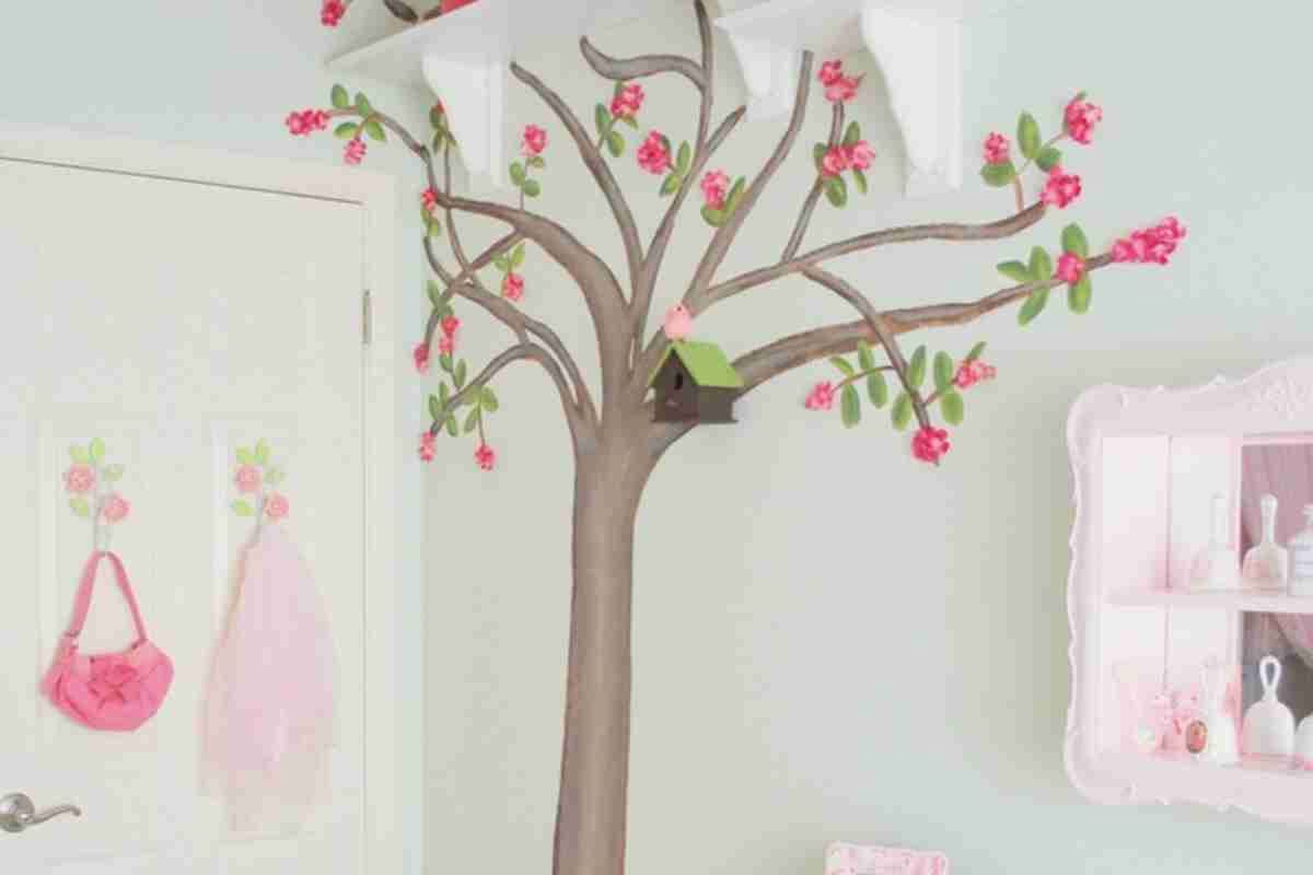 A tree painted on the wall in a kid's room