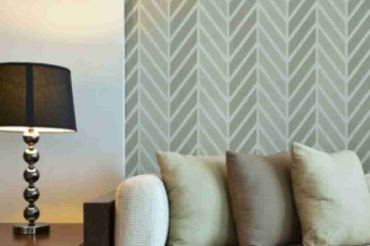 stenciled patterned accent wall in a living room 