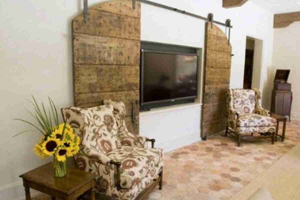 two rustic looking doors in front of the TV