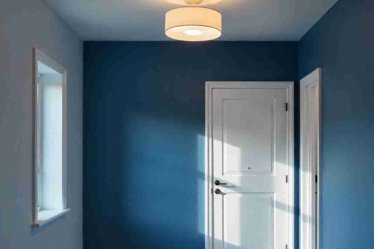 An embedded ceiling light fixture near a bedroom door