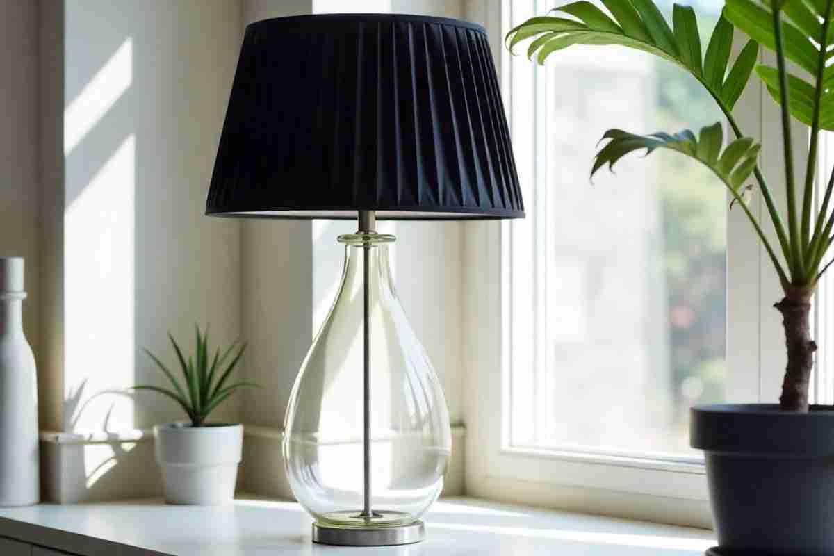 A modern lamp on a bedroom chest of drawers