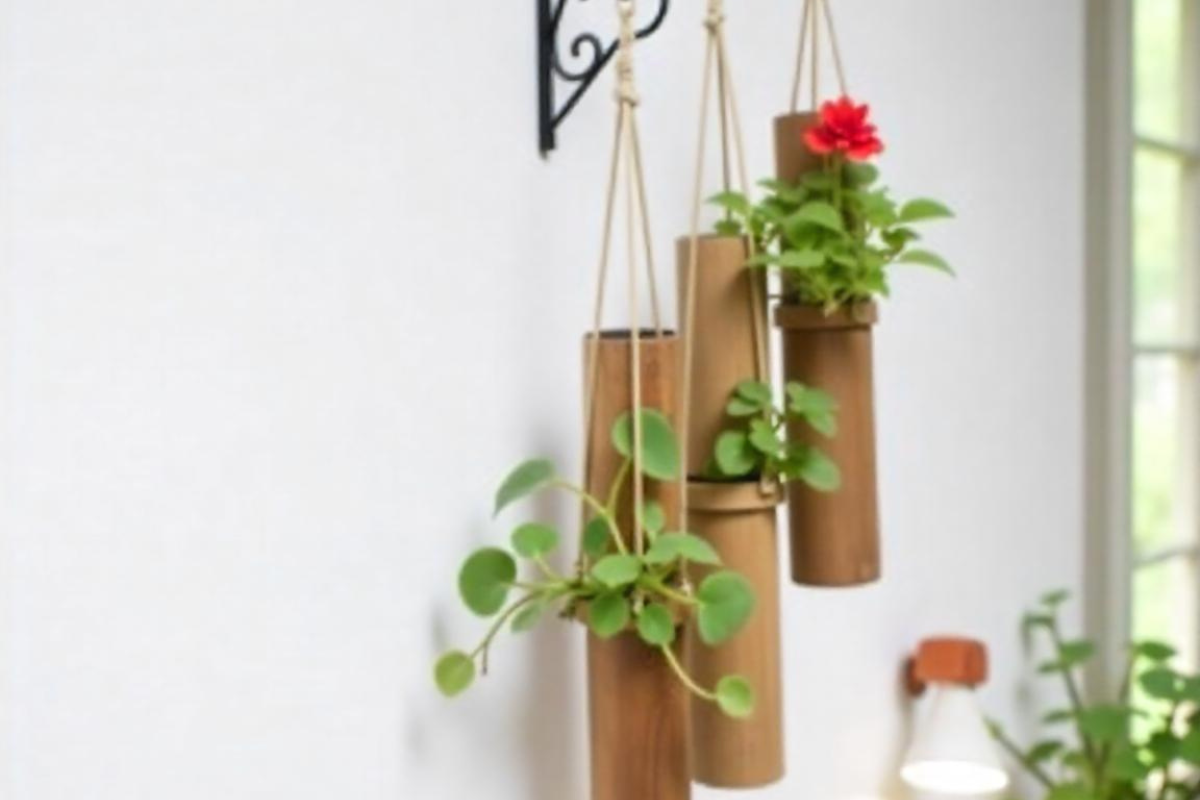 Bamboo used as pots with an L-bracket 