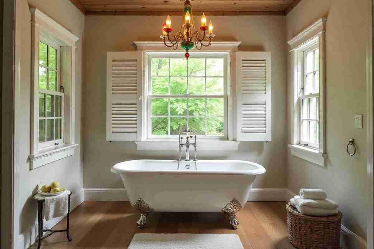 Framed art, a rug and a chandelier in the bathroom