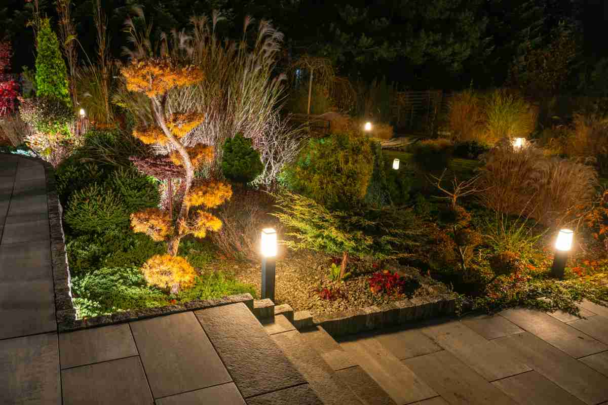 A well lit garden pathway