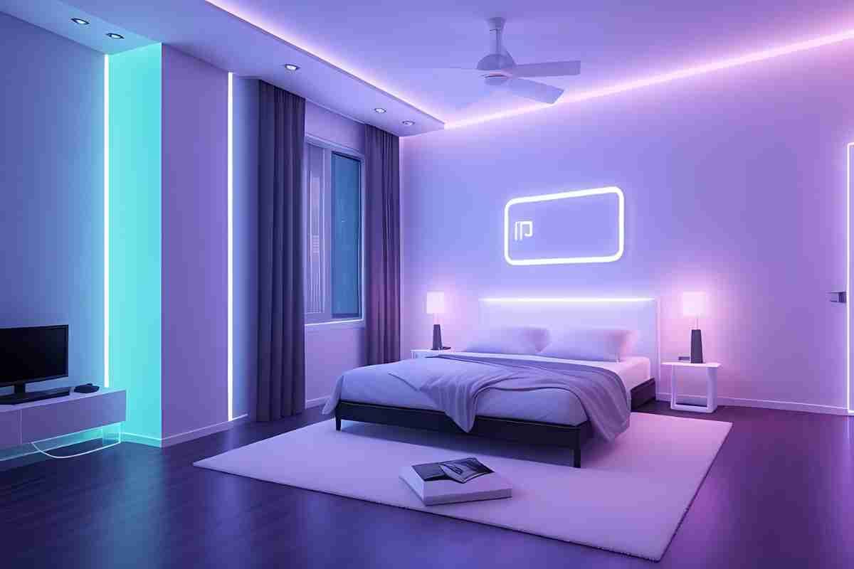 Colored lighting in a bedroom creates mood