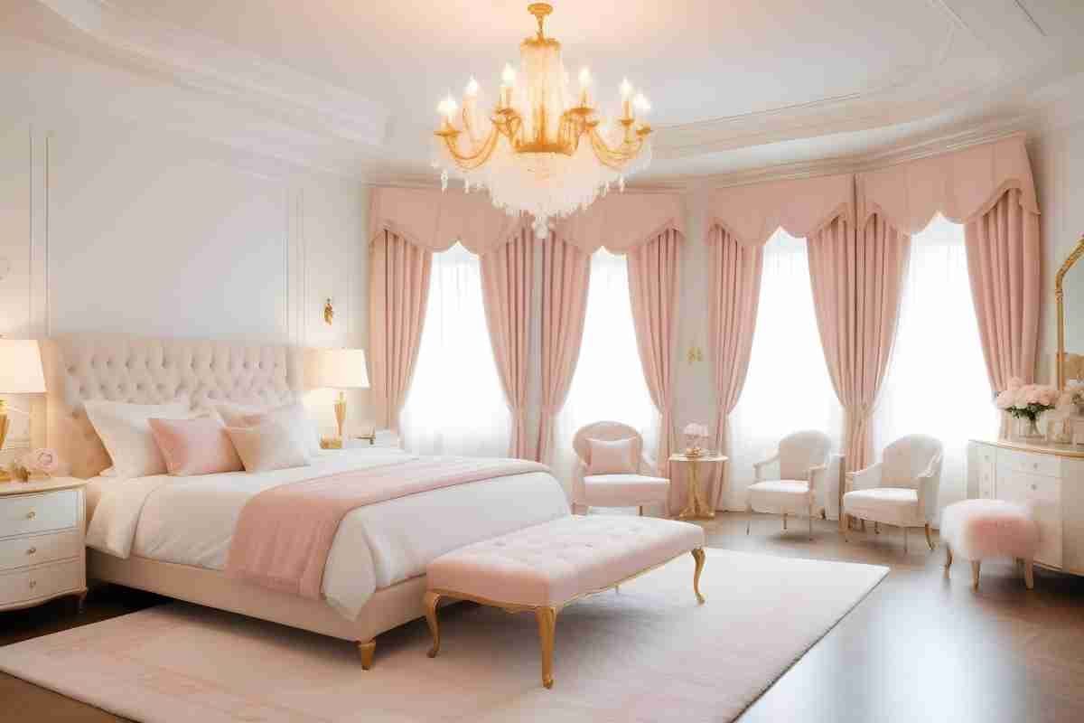 A chandelier in a feminine bedroom