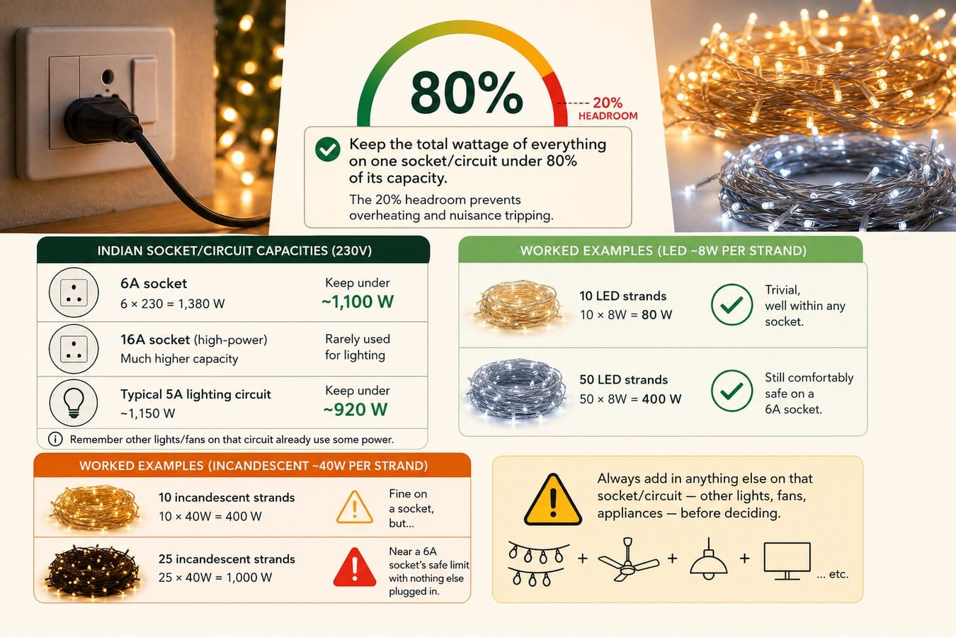 80% load rule for fairy lights showing Indian socket capacity, LED and incandescent wattage examples, and 20% safety headroom