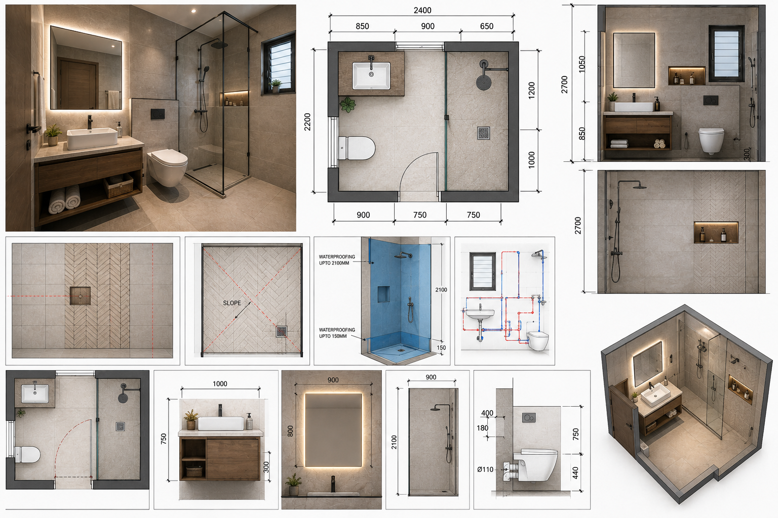 Bathroom Renovation CAD Drawings for Plumbing, Waterproofing, Tiles and Fixture Layout