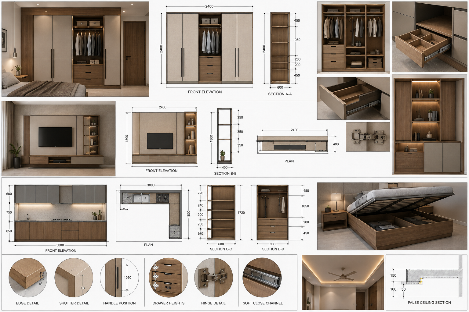 Custom Wardrobe Furniture and Millwork CAD Drawings with Detailed Dimensions