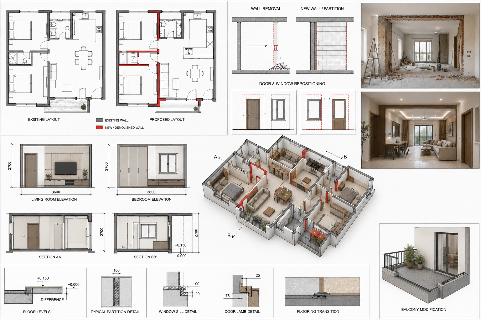 Home Renovation Civil Work CAD Drawings for Wall and Layout Changes