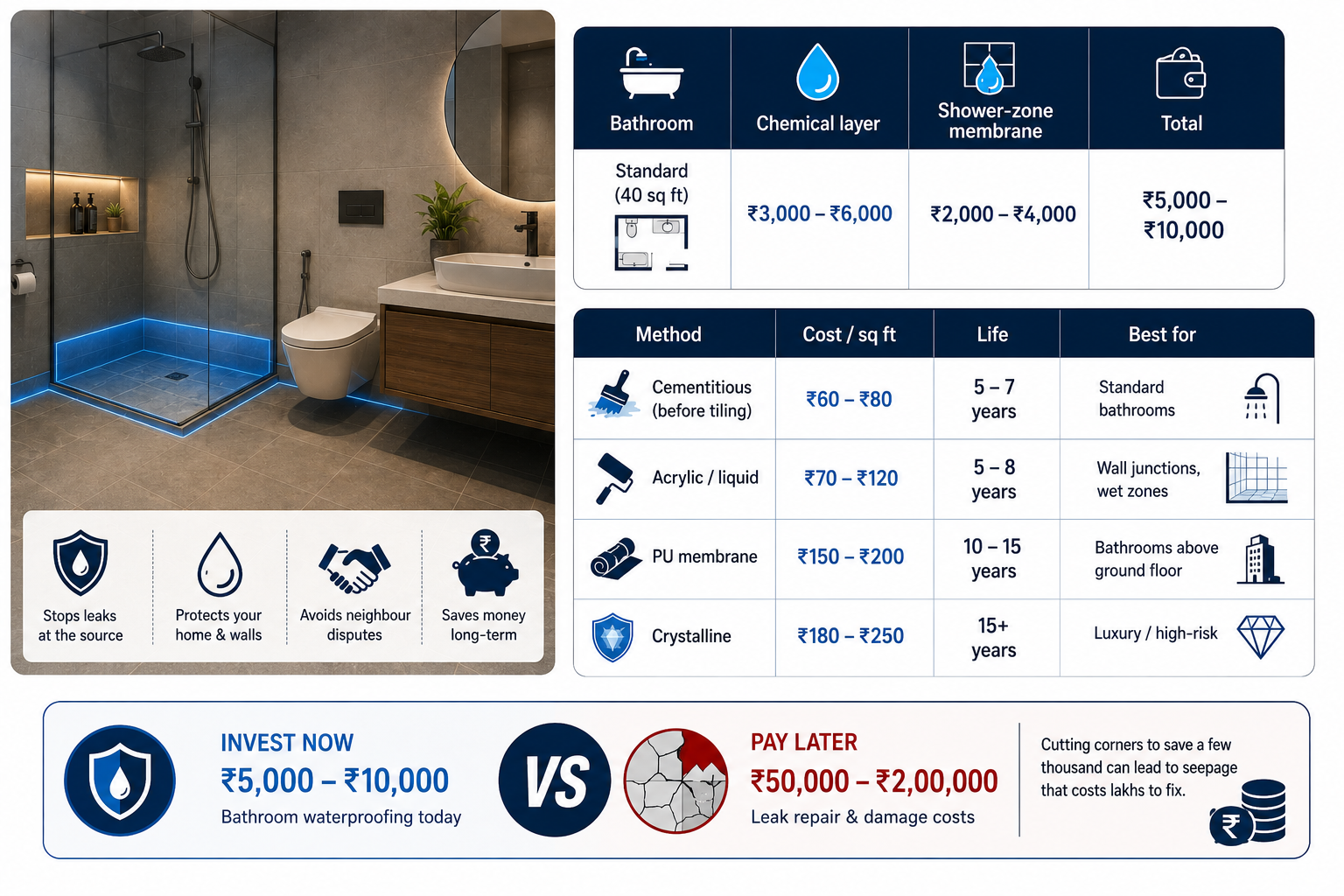 Bathroom Waterproofing Cost and Method Comparison India 2026