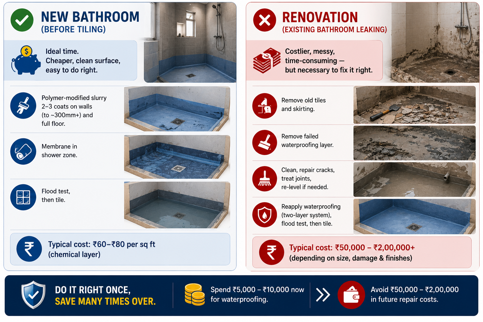 New Bathroom vs Renovation Waterproofing Cost and Process India
