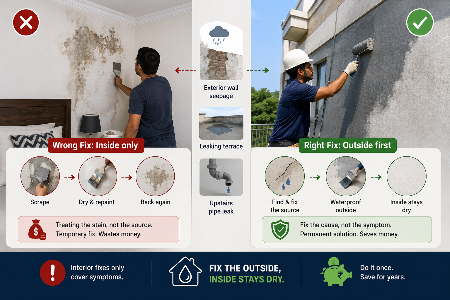 Exterior Wall Seepage – Fix the Water Source, Not the Interior Damp Patch