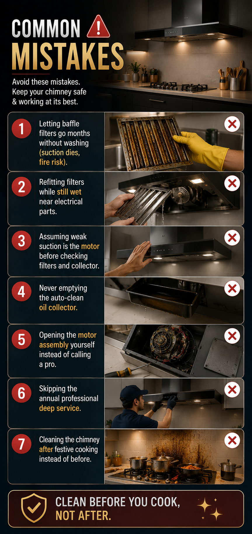 Infographic showing common kitchen chimney cleaning mistakes, including dirty filters, full oil collectors, DIY repairs, and late servicing.