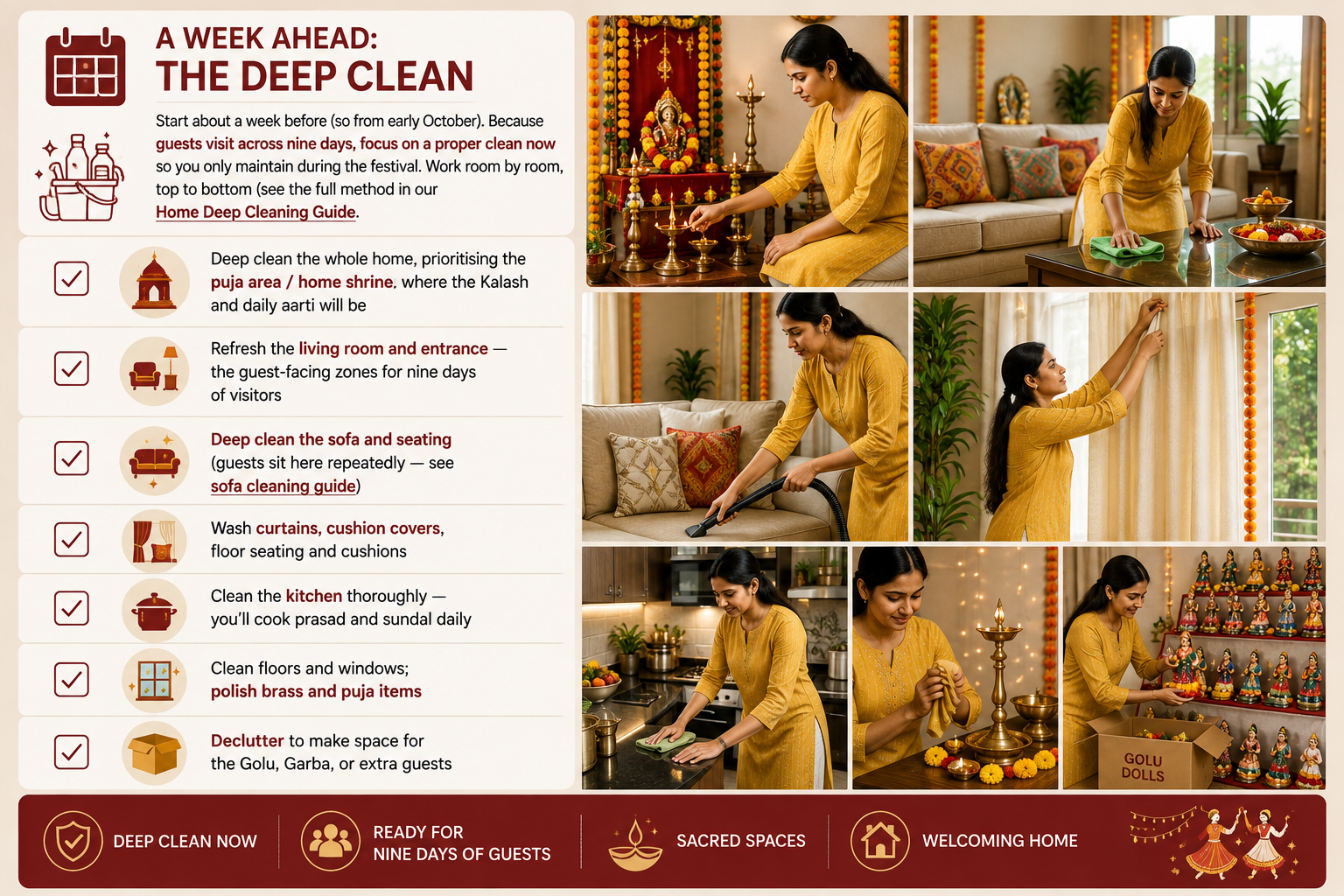 Family deep cleaning an Indian home before Navratri 2026, preparing the puja room, living area, sofa, kitchen, curtains and Golu display for guests.
