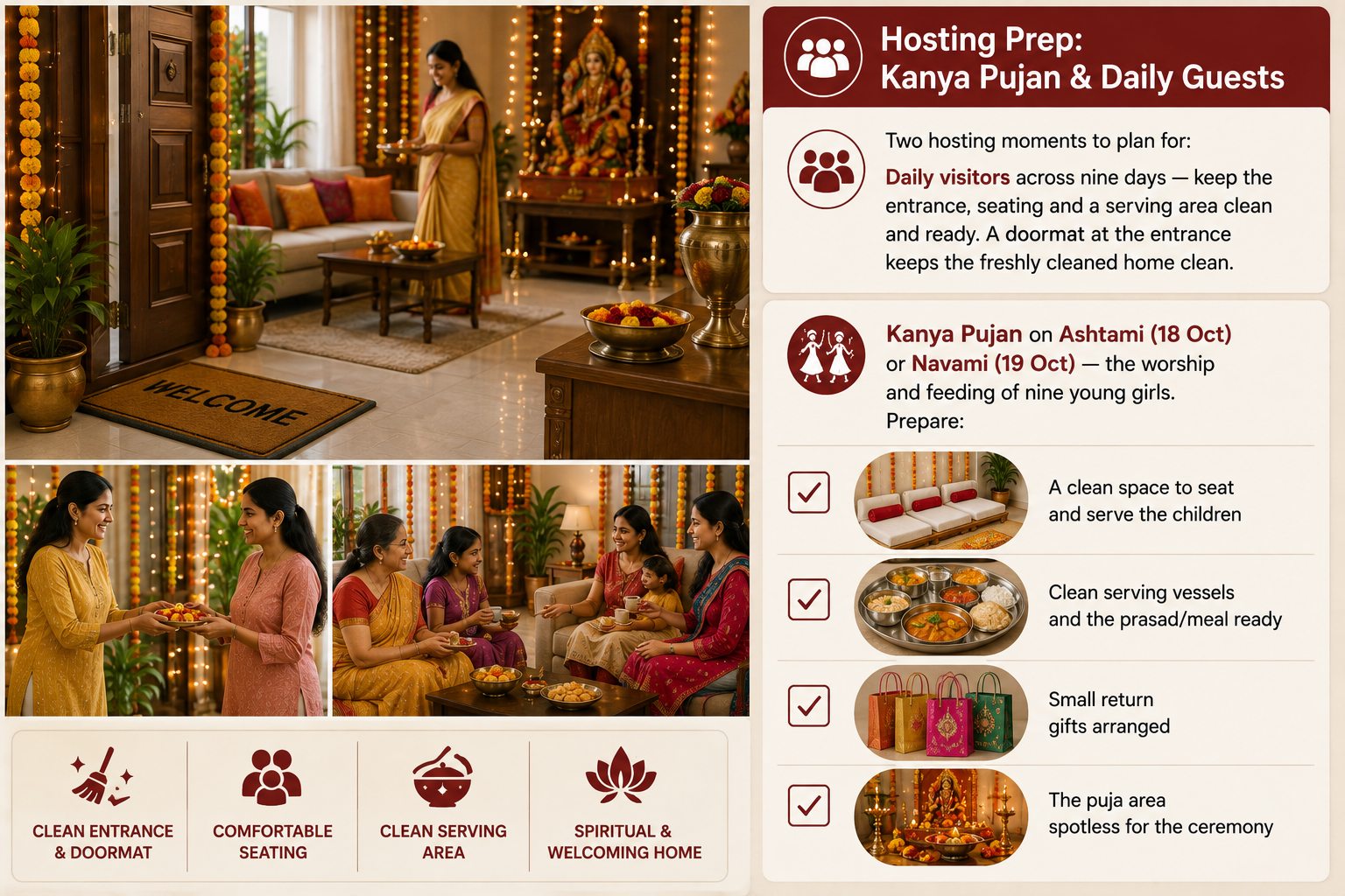 Indian home prepared for Navratri guests with clean entrance, seating, puja area, Kanya Pujan setup, prasad, serving vessels and return gifts ready.
