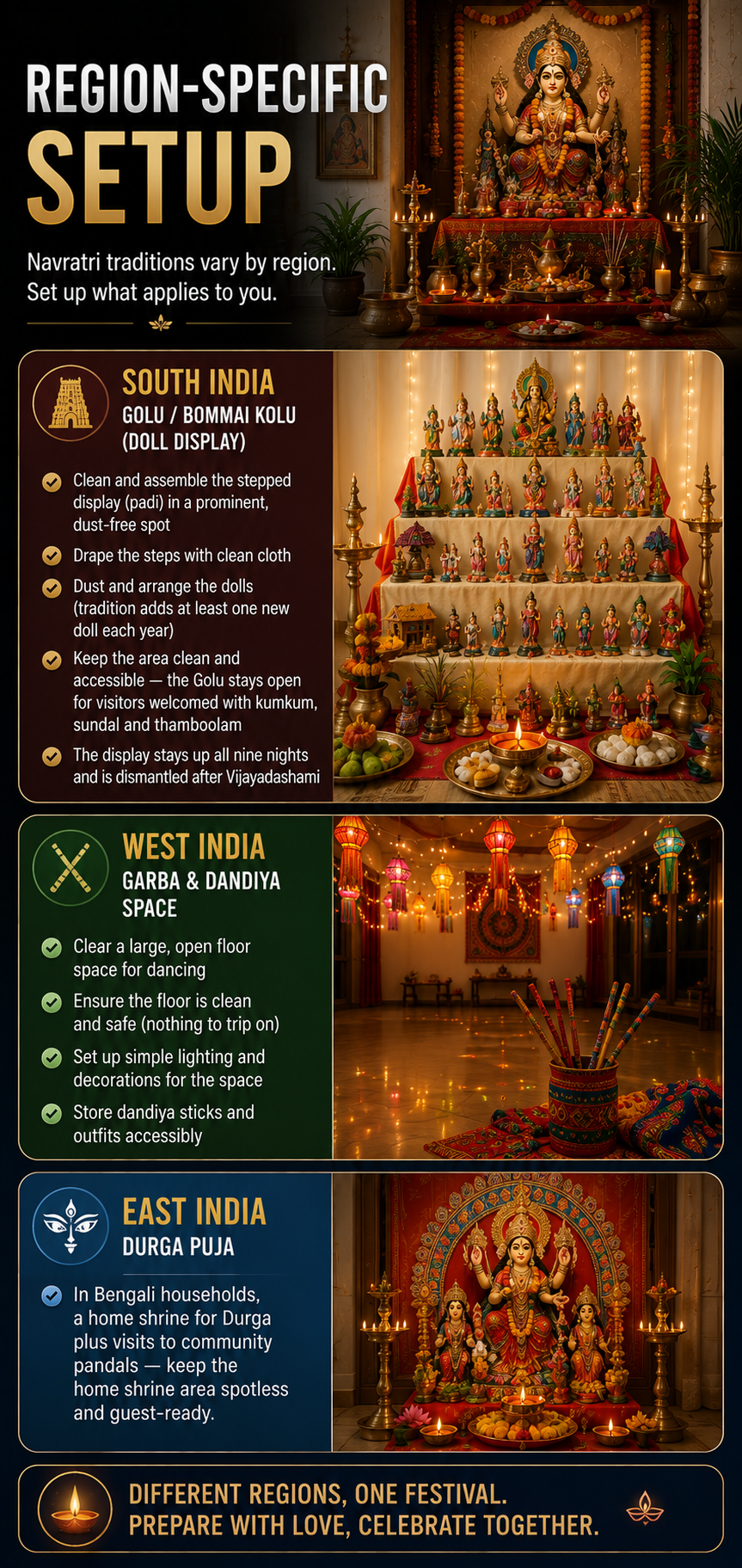 Infographic on region-specific Navratri home setup with Golu display, Garba space, and Durga Puja shrine preparation across India