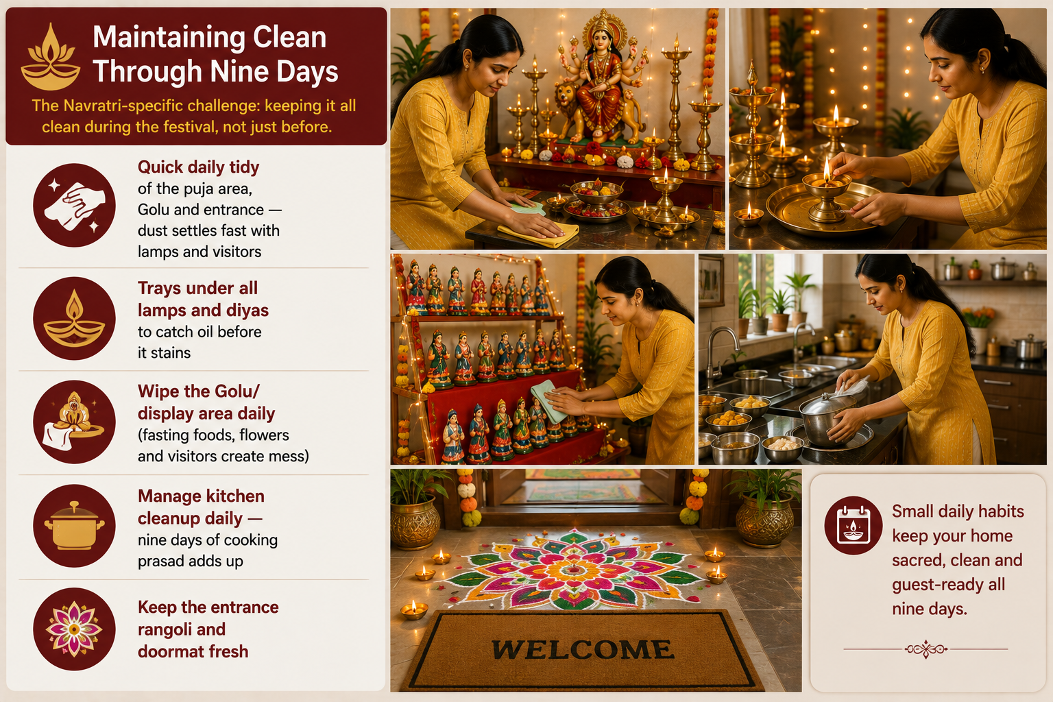 Woman maintaining a clean Navratri home with daily puja care, Golu cleaning, kitchen cleanup, rangoli refresh and diya trays during the nine-day festival.