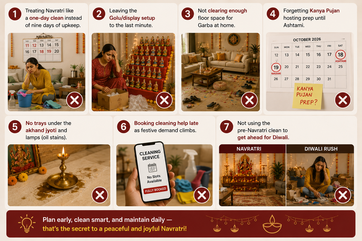 Navratri home preparation mistakes including delayed cleaning, late Golu setup, Garba space, Kanya Pujan planning, diya care, booking cleaners and Diwali prep.