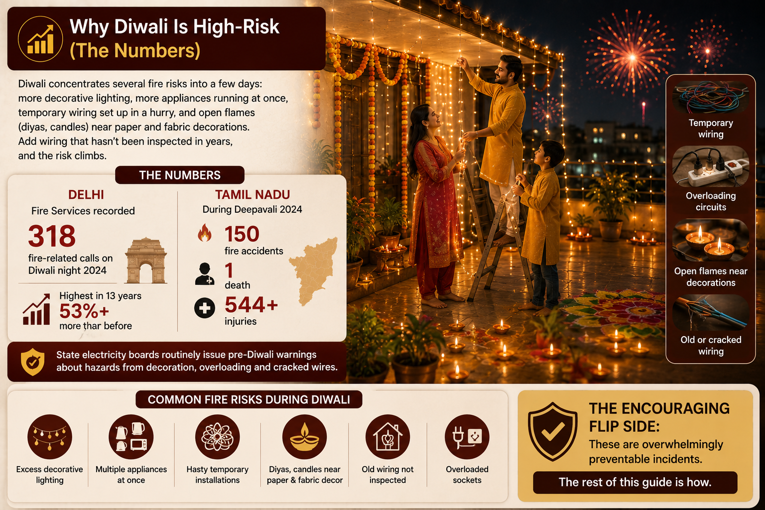 Family decorating a Diwali home with festive lights alongside fire safety statistics, overloaded wiring risks, diyas and electrical hazard prevention tips.