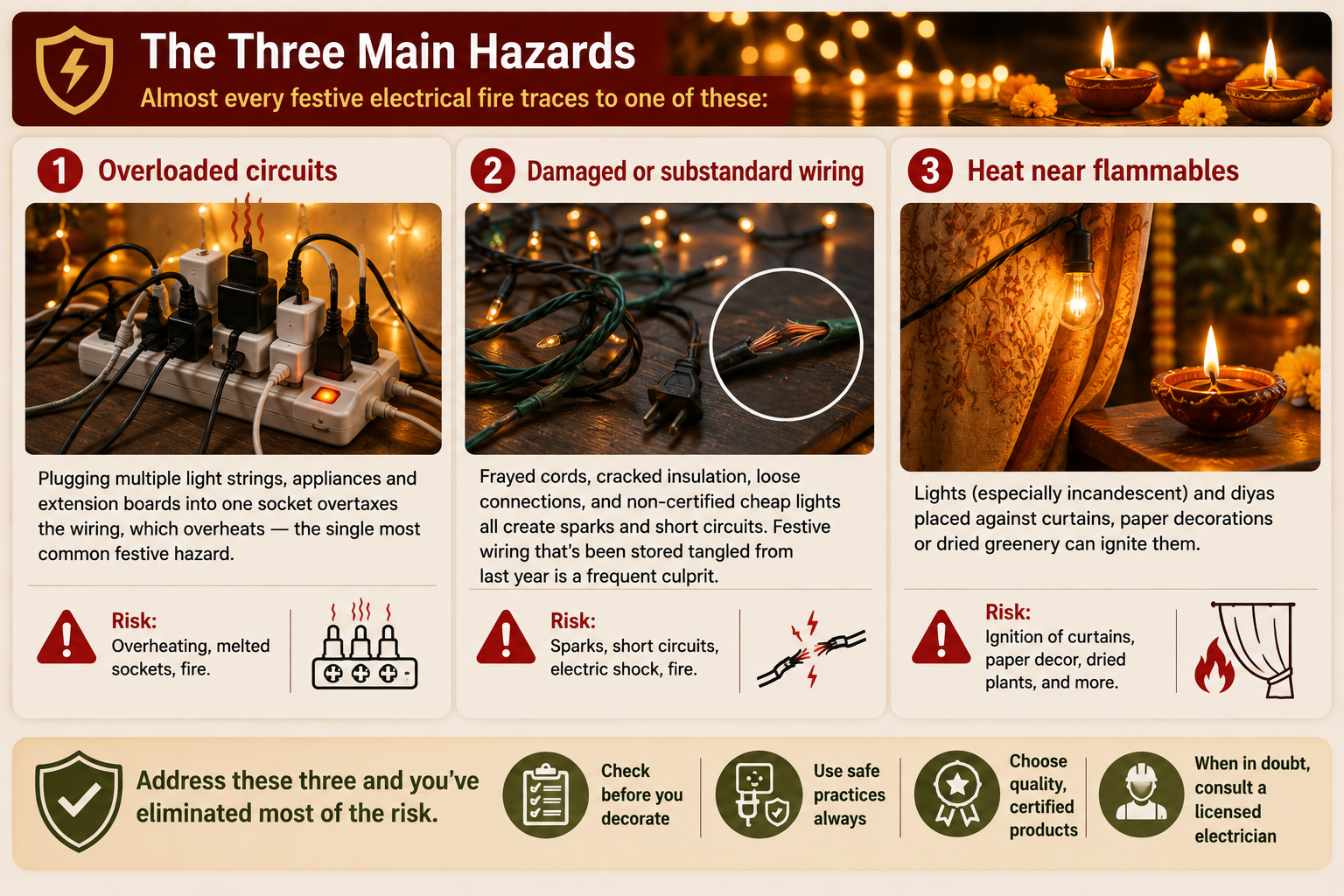 Diwali electrical safety infographic showing overloaded sockets, damaged wires and diyas near curtains, highlighting the three biggest festive fire hazards.