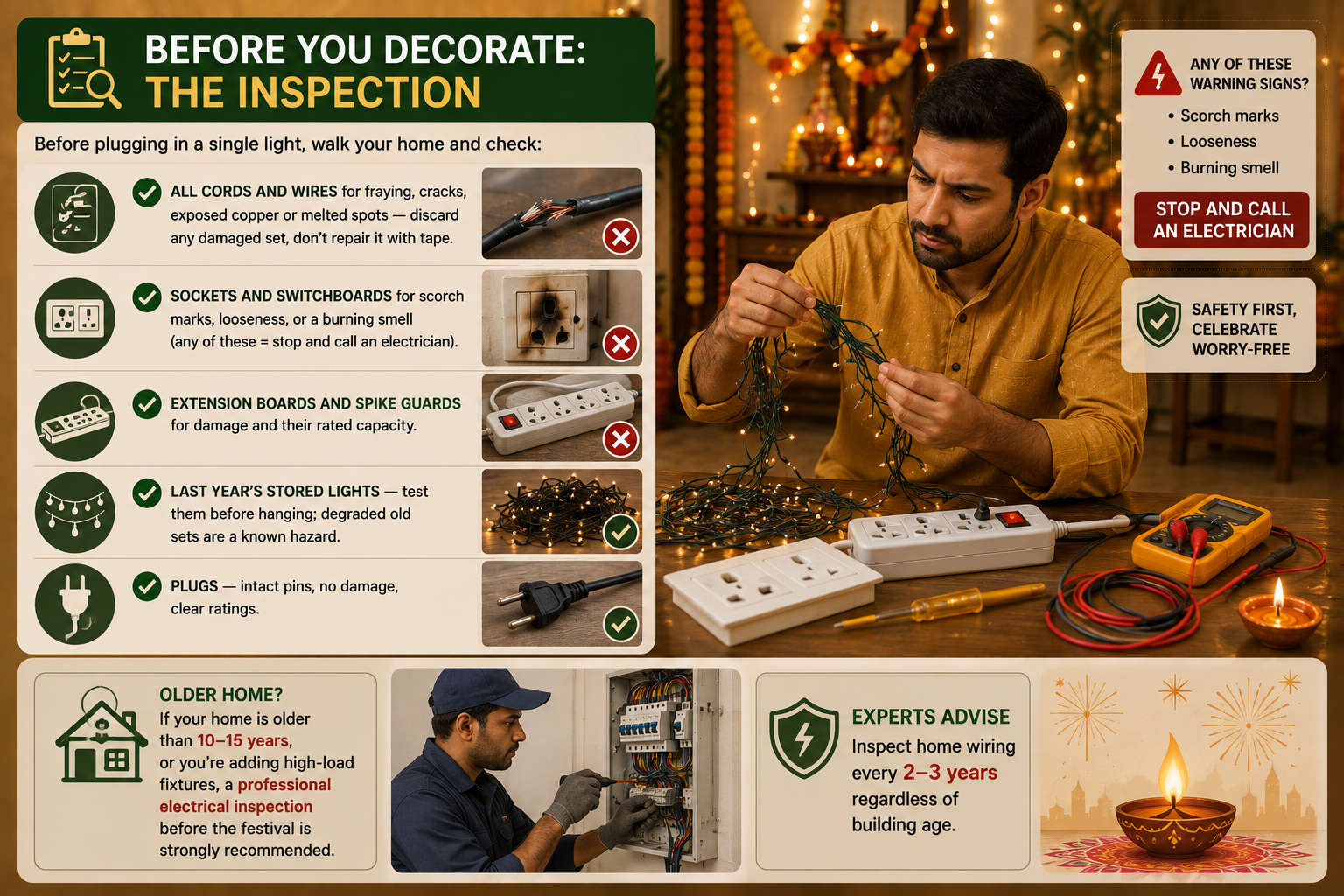 Homeowner inspecting Diwali lights, wires, sockets, plugs and extension boards before decorating, with electrician safety checks for older homes.