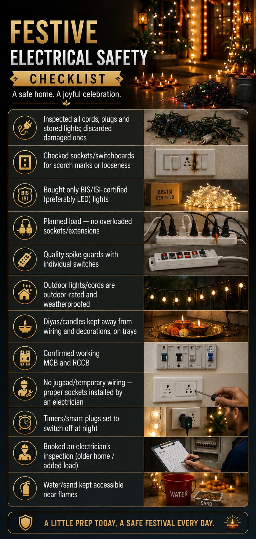 Infographic with a festive electrical safety checklist covering lights, sockets, MCB/RCCB, wiring, electrician checks, and fire safety tips