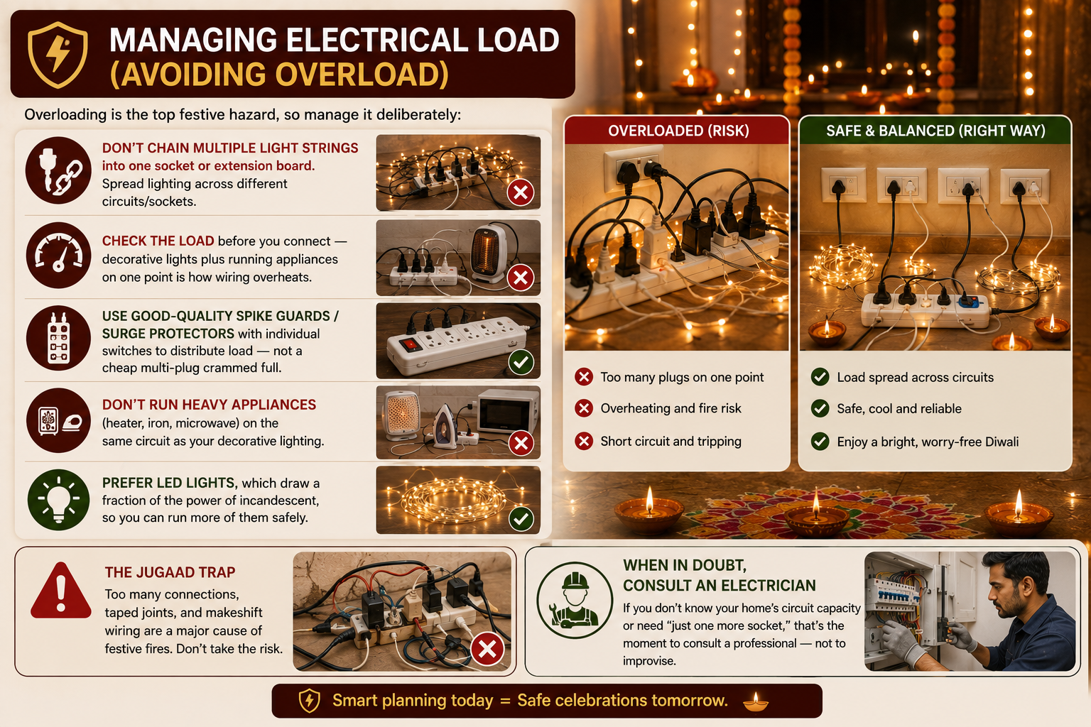 Diwali electrical safety guide showing balanced power distribution, safe LED lights, surge protectors, overloaded sockets and electrician advice to prevent overloads.
