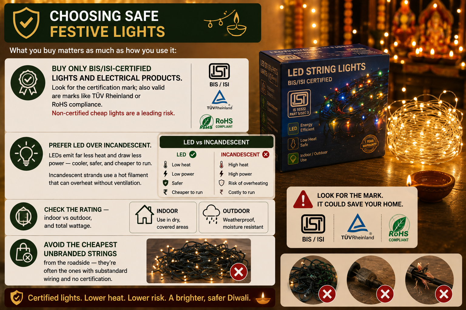 Diwali electrical safety guide showing balanced power distribution, safe LED lights, surge protectors, overloaded sockets and electrician advice to prevent overloads.