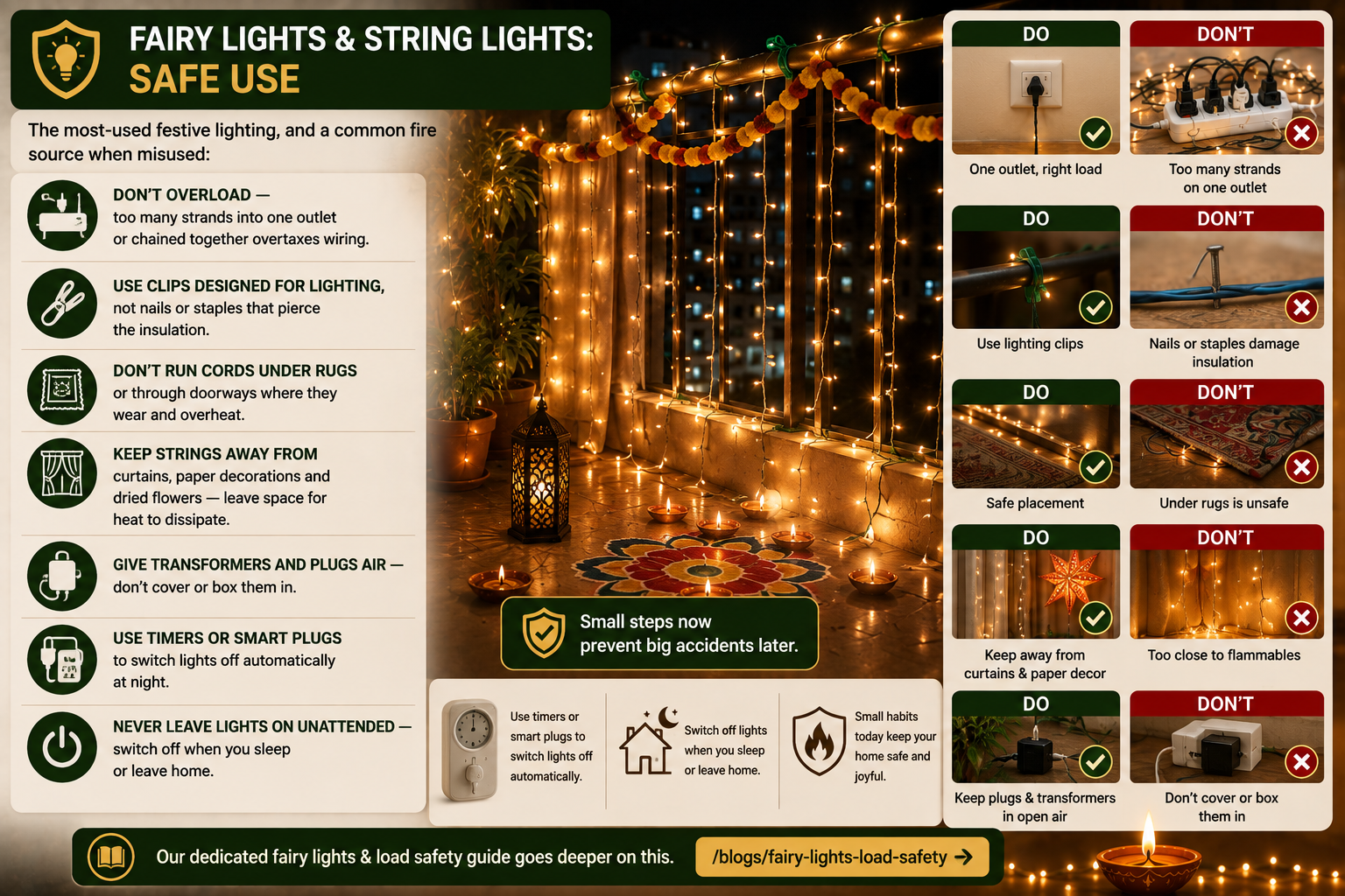 Safe use of Diwali fairy lights showing proper installation, balanced electrical load, timers, safe plug placement and fire prevention around curtains and decorations.
